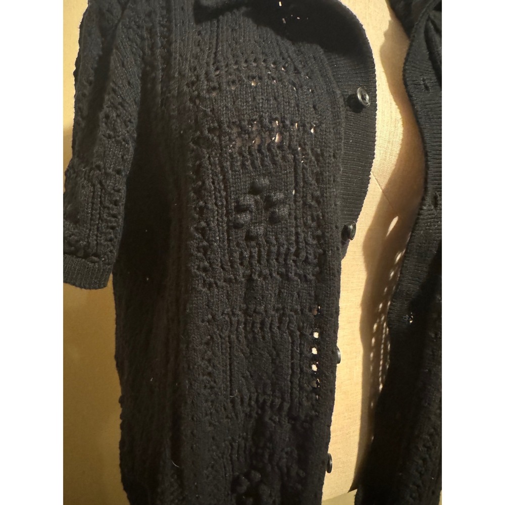 Black Crochet Cardigan M Short Sleeve Button Up Boho Knit Top Open Front Relaxed - Picture 4 of 10